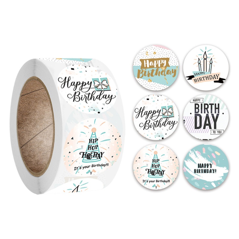 Cuộn 500 Nhãn Dán Hình Tròn In Chữ Happy Birthday Hoạt Hình Trang Trí Sổ Lưu Niệm Cho Bé