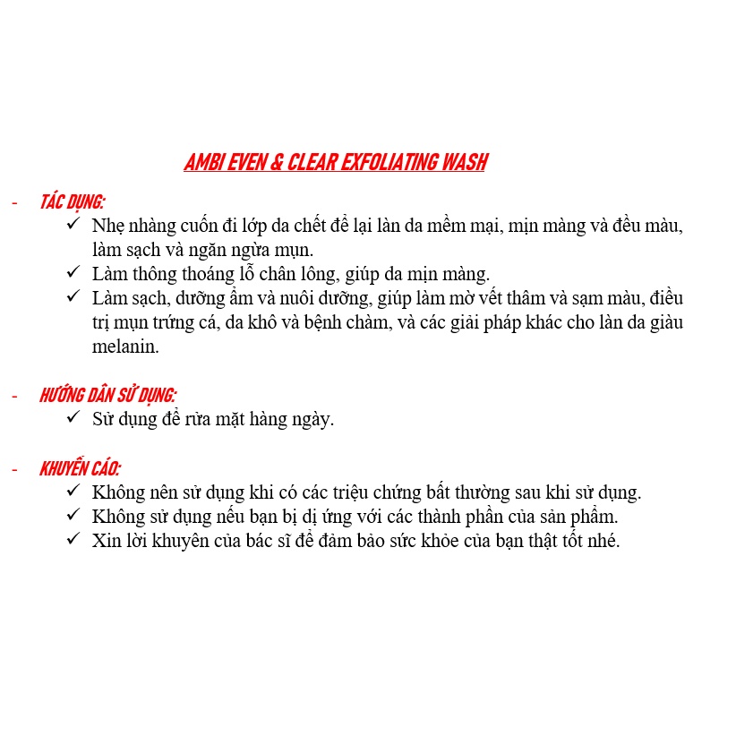 [DATE 04/2023] RỬA MẶT AMBI EVEN &amp; CLEAR EXFOLIATING WASH 141GR