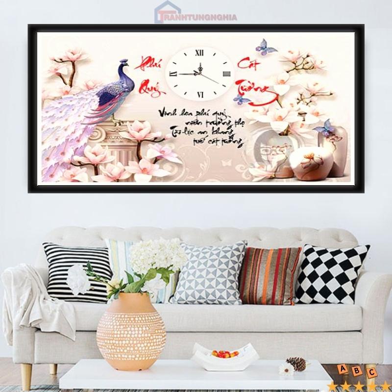 Tranh đính đá, tranh thêu chữ thập đồng hồ công phú quý cát tường