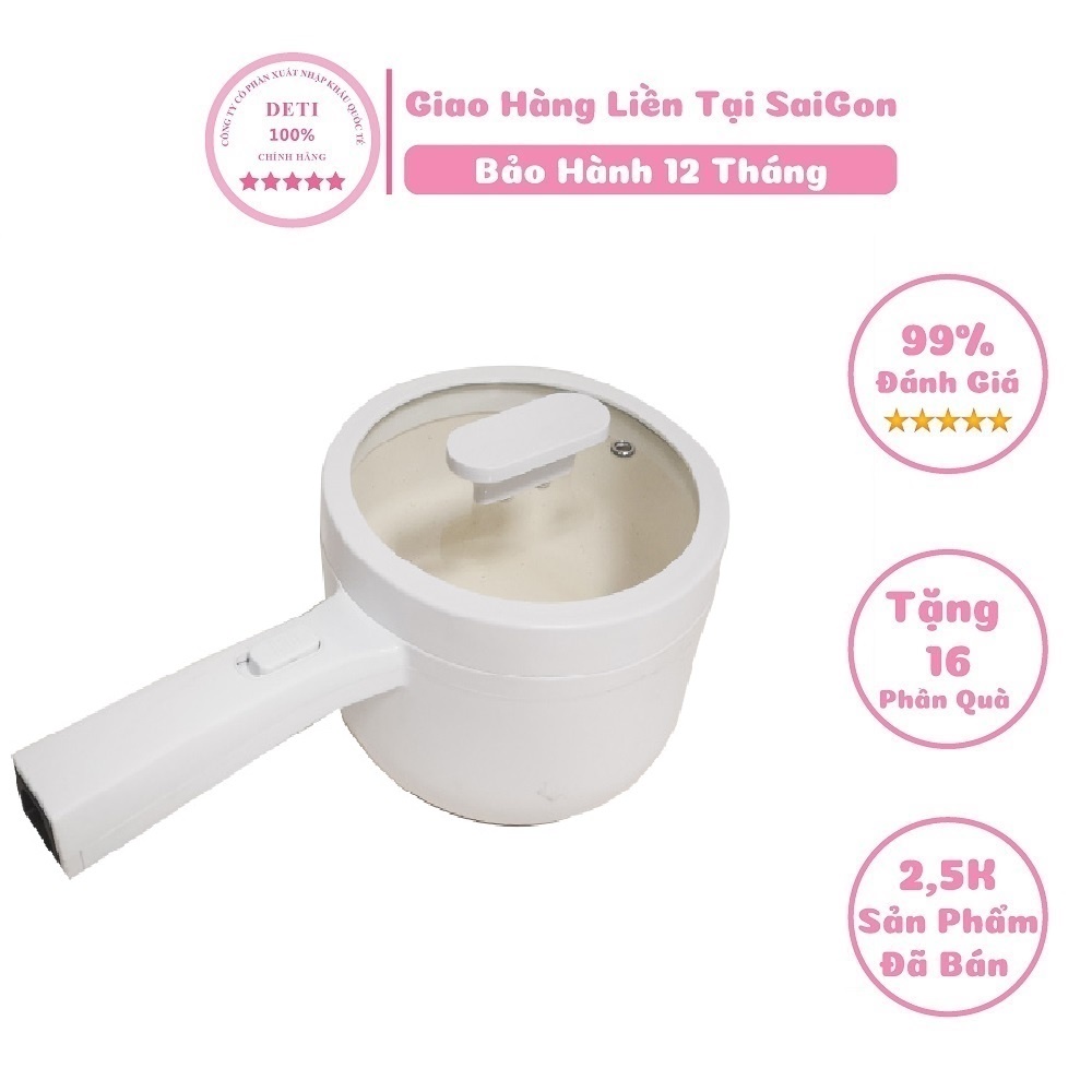 Nồi Lẩu Điện Mini, Nấu Mì 2 Tầng Kèm Giá Hấp Đa Năng Nướng, Luộc, Chiên Chống Dính Vấn Đá Tiện Lợi, Ca nấu mì DETI