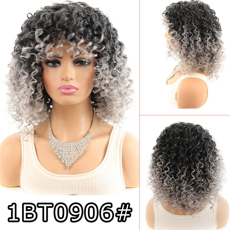 ❤️❤️❤️ Short Hair Wig Afro Kinky Curly Hair Full Wig Ombre Gray Synthetic Hair Deep Curly Full Wig