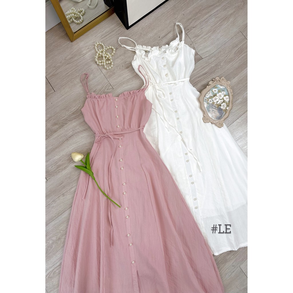 Đầm 2 dây xòe, nút trai, lenin, cột nơ eo, maxi, trắng, hồng, xanh, maxi, bánh bèo, dễ thương, hai dây | BigBuy360 - bigbuy360.vn