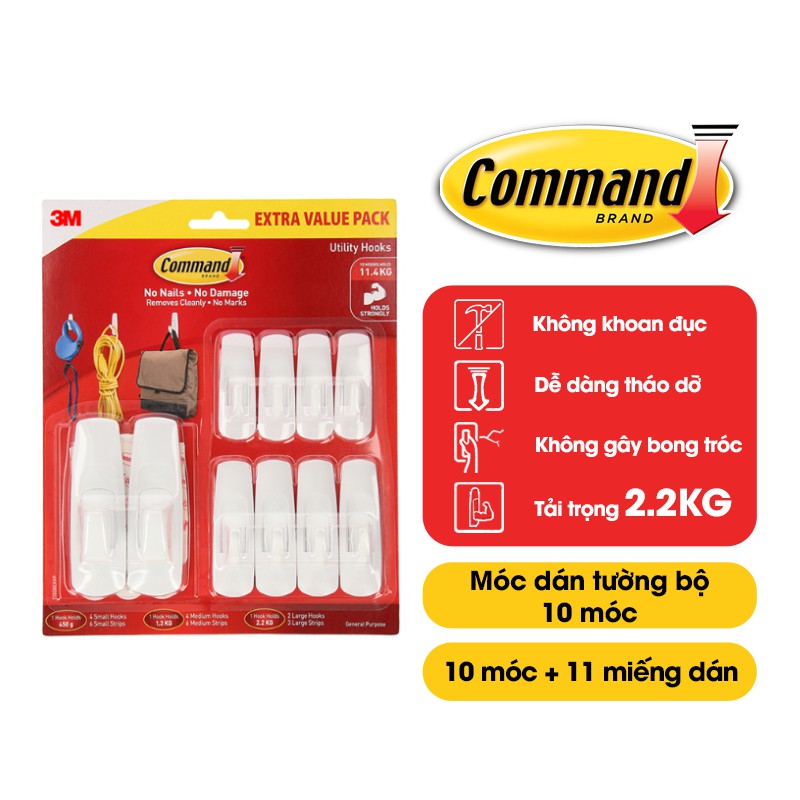 [Mã LIFEA159 - 12% đơn 99K] Móc dán tường Command 3M17008 tải trọng 1 móc 2.2kg bộ 10 móc màu trắng