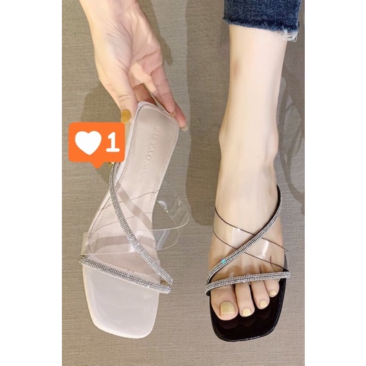 Sandal cao gót quai meka kết hợp dây đá siêu xinh  gót vuông trong suốt 5 phân