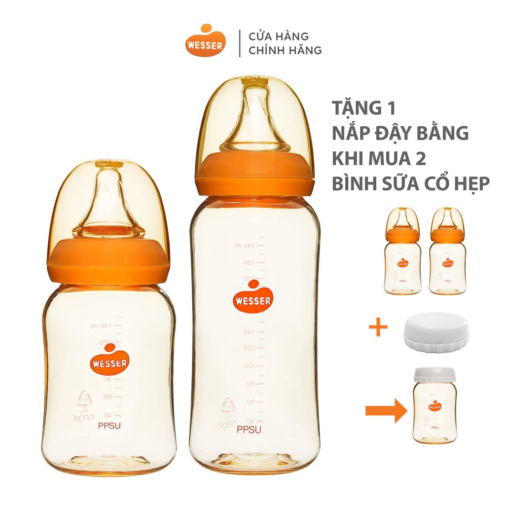 Bộ 2 Bình sữa PPSU Wesser (cổ hẹp) 140ml và 250ml - TẶNG KÈM NẮP ĐẬY BÌNH SỮA CỔ HẸP-BÌNH 250ML KHÔNG KÈM VAN CHỐNG SẶC