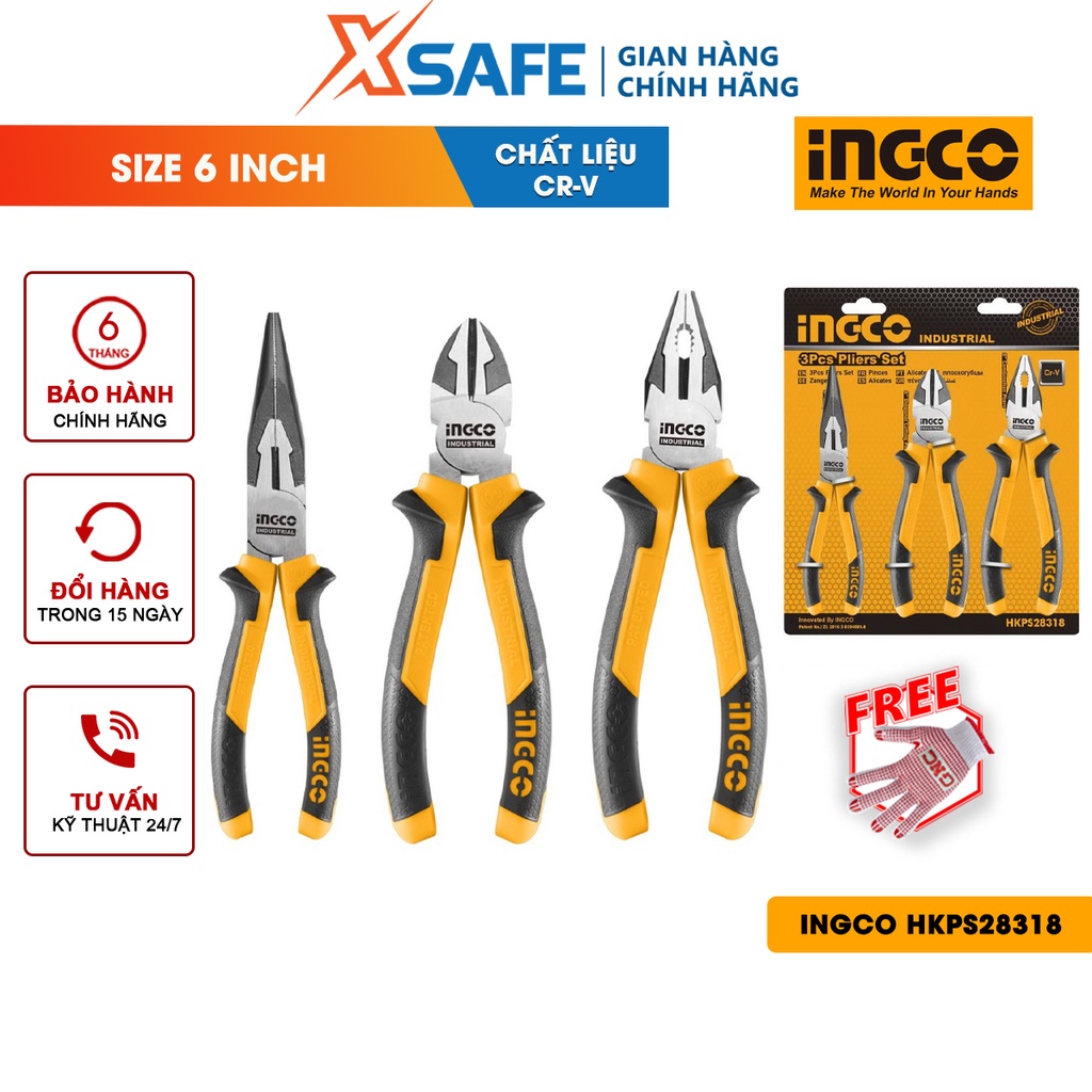 Bộ 3 kìm răng, cắt và nhọn INGCO HKPS28318 chất liệu cao cấp, chống gỉ sét, chịu lực chịu nhiệt tốt