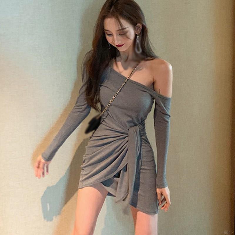 Đầm Tay Dài Thiết Kế Lệch Vai Phong Cách Hàn Quốc Nữ Tính