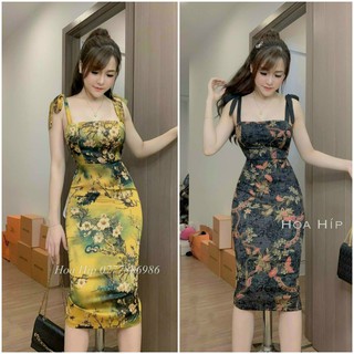 Đầm body dài 2s cột nơ vai hoạ tiết hoa