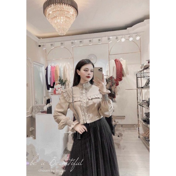 Áo sơ mi nút ngọc phối viền bèo tay dài bo chun!1012