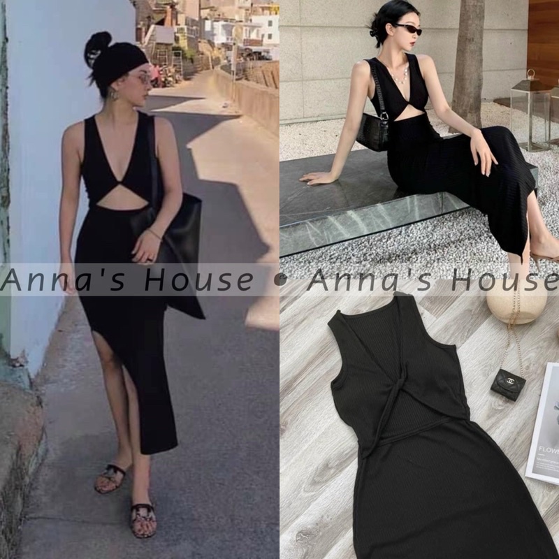 Đầm body thun đen cúp ngực khoét eo xẻ tà