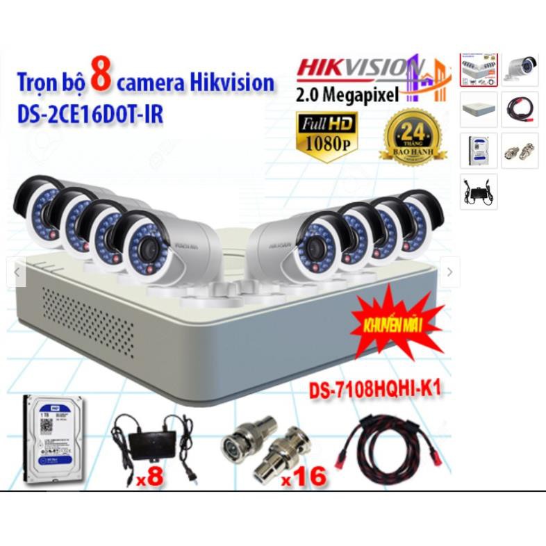 trọn bộ 8 camera Hikvision HDTVI HIKVISION  DS-2CE16D0T-IRP (2MP) 2.0 FULL HD chính hãng