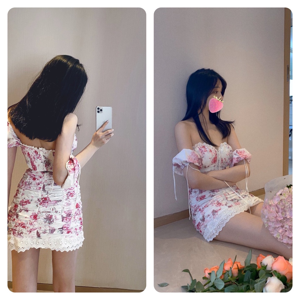 Đầm hoa nữ dáng ôm trễ vai tay ngắn Emilyshop