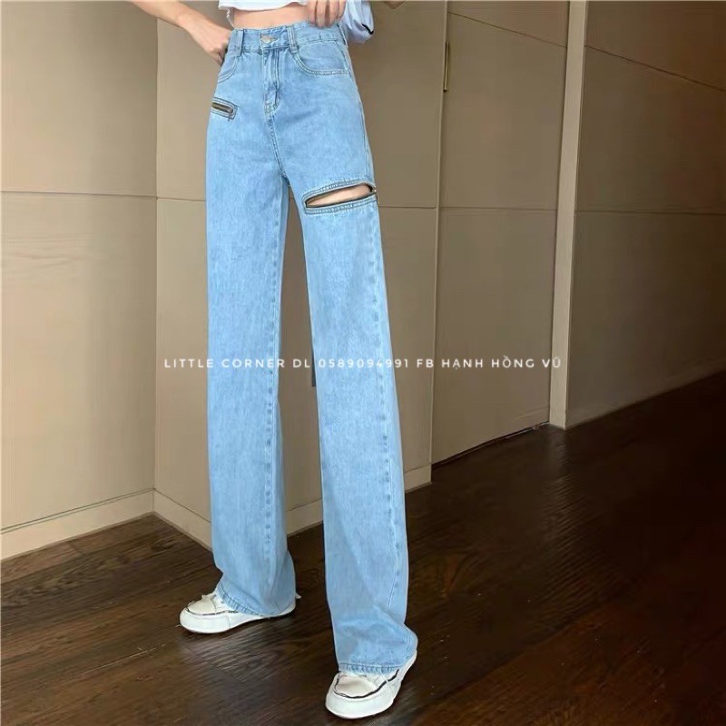 Quần phối khóa zip cullotes ống suông baggy jean quảng châu kèm ảnh thật hàng có sẵn