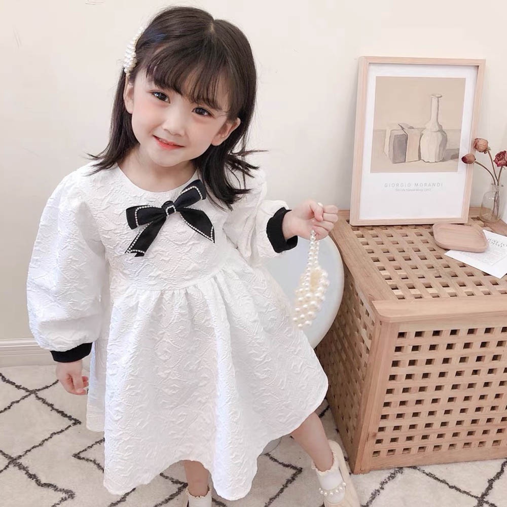 Đầm công chúa BEAR LEADER tay dài phối ren thắt nơ xinh xắn cho bé gái 2-7 tuổi