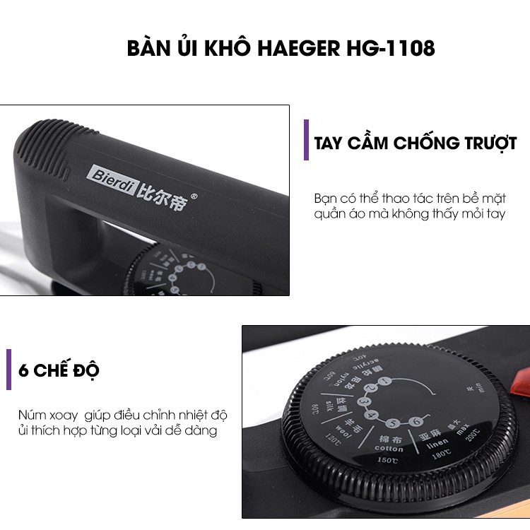 BÀN ỦI KHÔ RAF HAEGER HG-1108 ĐẾ THÉP CAO CẤP TIỆN LỢI , TỰ ĐỘNG NGẮT KẾT NỐI KHI ĐỦ NHIỆT - K1349