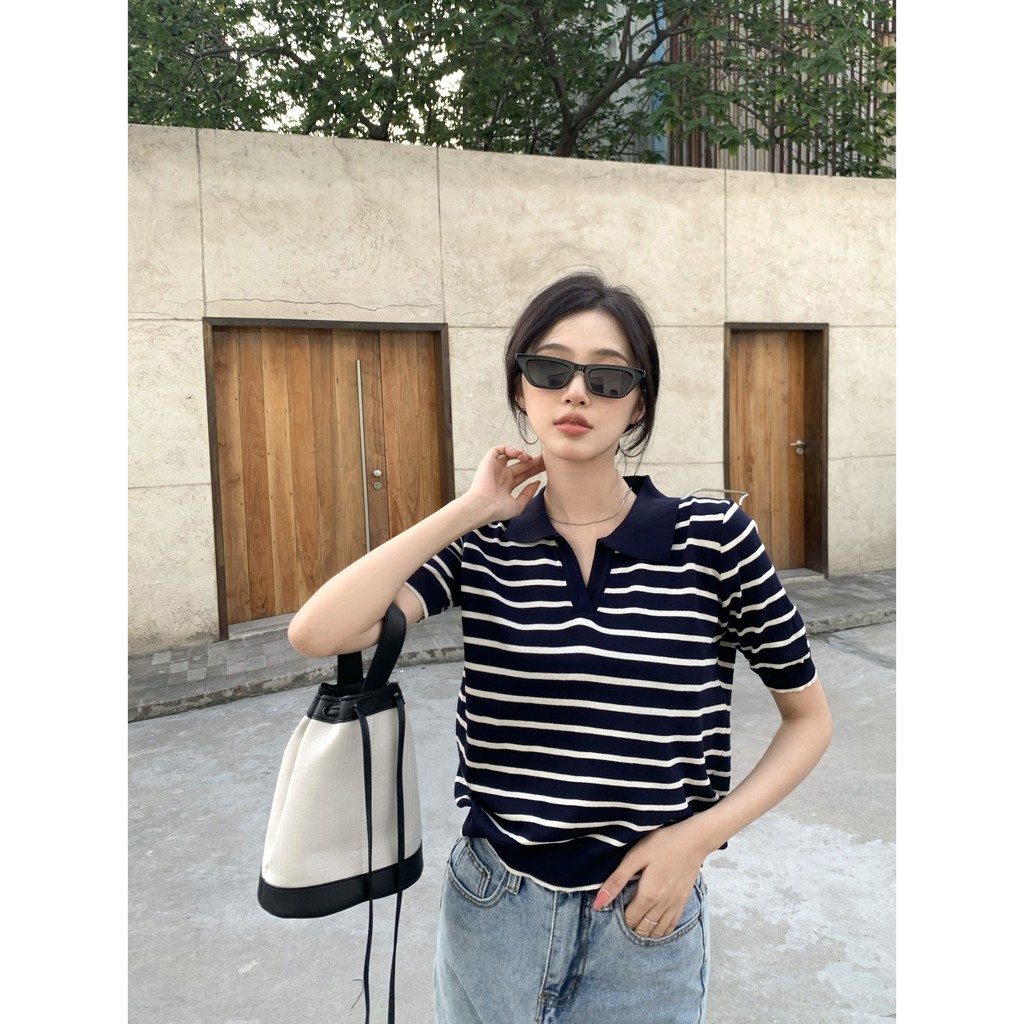 Áo Dệt Kim Tay Ngắn Dáng Rộng Họa Tiết Sọc Ngang Phong Cách Hàn Quốc Trẻ Trung | BigBuy360 - bigbuy360.vn
