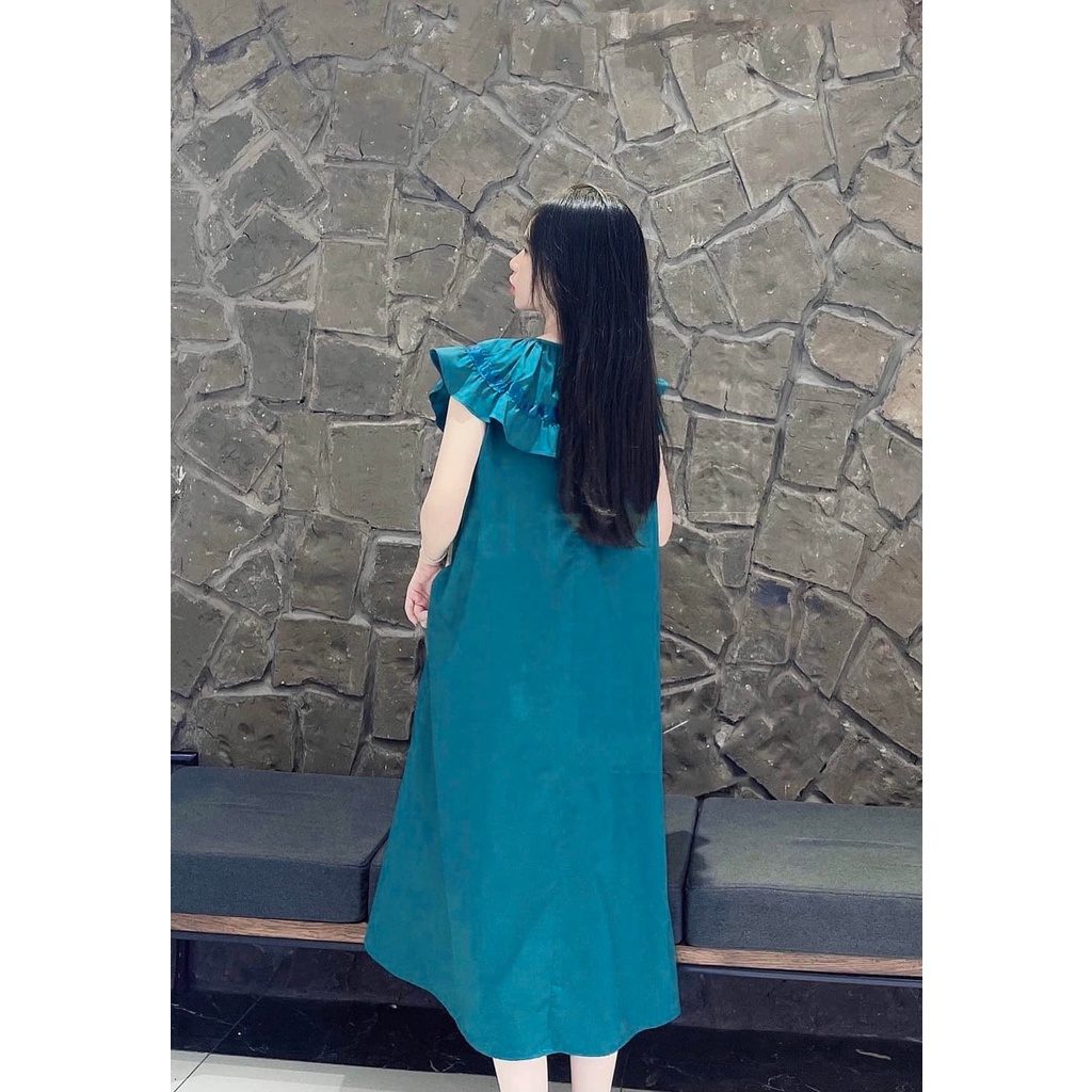 Váy suông cổ bèo chất trượt Hàn dáng suông dễ mặc, bầu bí thoải mái