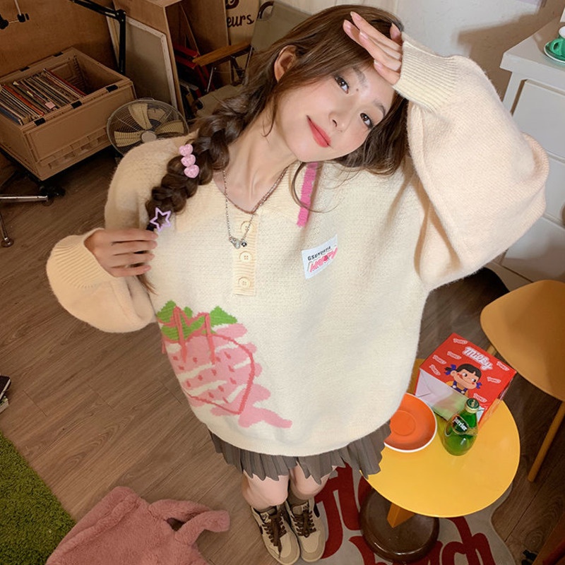 Áo sweater Dệt Kim Mềm Mại In Họa Tiết Dâu Tây Thời Trang Thu Đông Cho Nữ