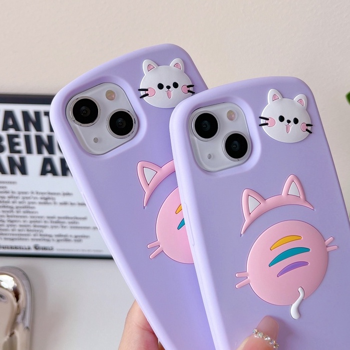 Ốp Điện Thoại Silicon Mềm Hình Mèo 3D Màu Tím Gắn Móc Khóa Cho Iphone 13 12 11 pro max xs max xr x 6 6s 7 8 plus