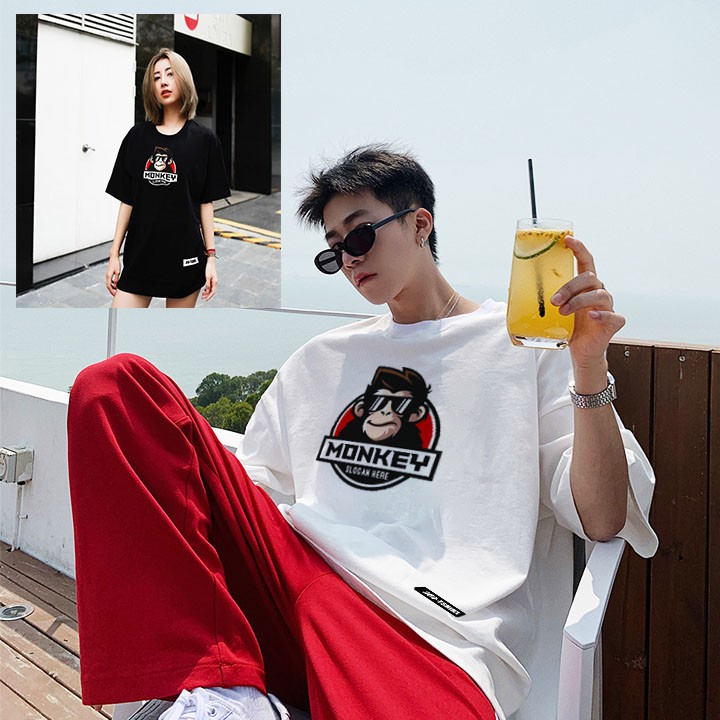 Áo thun tay lỡ form rộng Monkey Slogan dáng unisex nam nữ hai màu trắng đen basic tee, áo phông rộng oversize