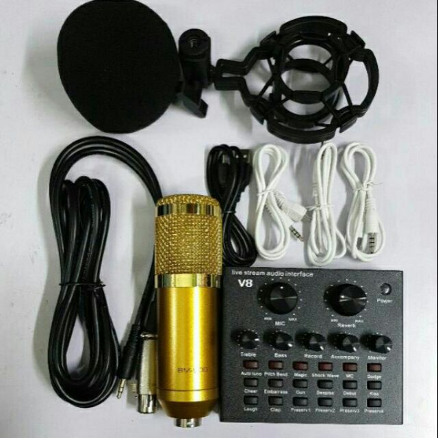 Combo mic hát livetream thu âm karaoke online micro BM800 card V8