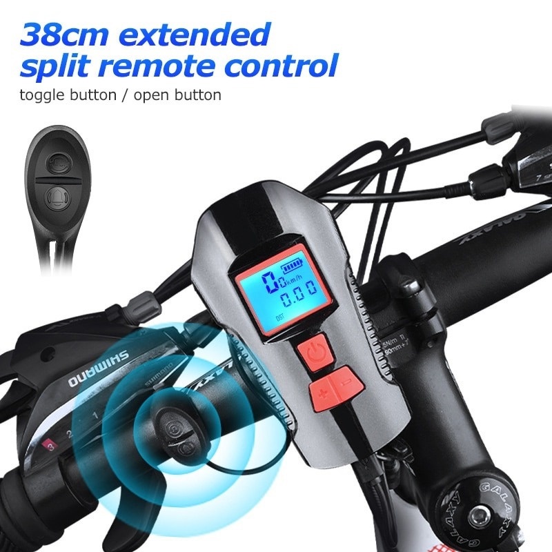 Đèn pha gắn tay lái xe đạp đo tốc độ màn hình LCD có đèn 4 chế độ và còi 6 âm thanh 4 phiên bản sạc USB chống thấm nước