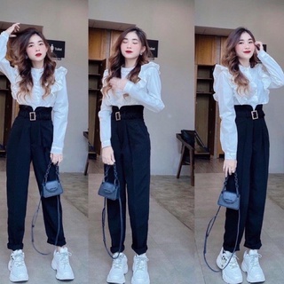 Quần baggy nữ, quần baggy đai cạp cao cách điệu hàng mới