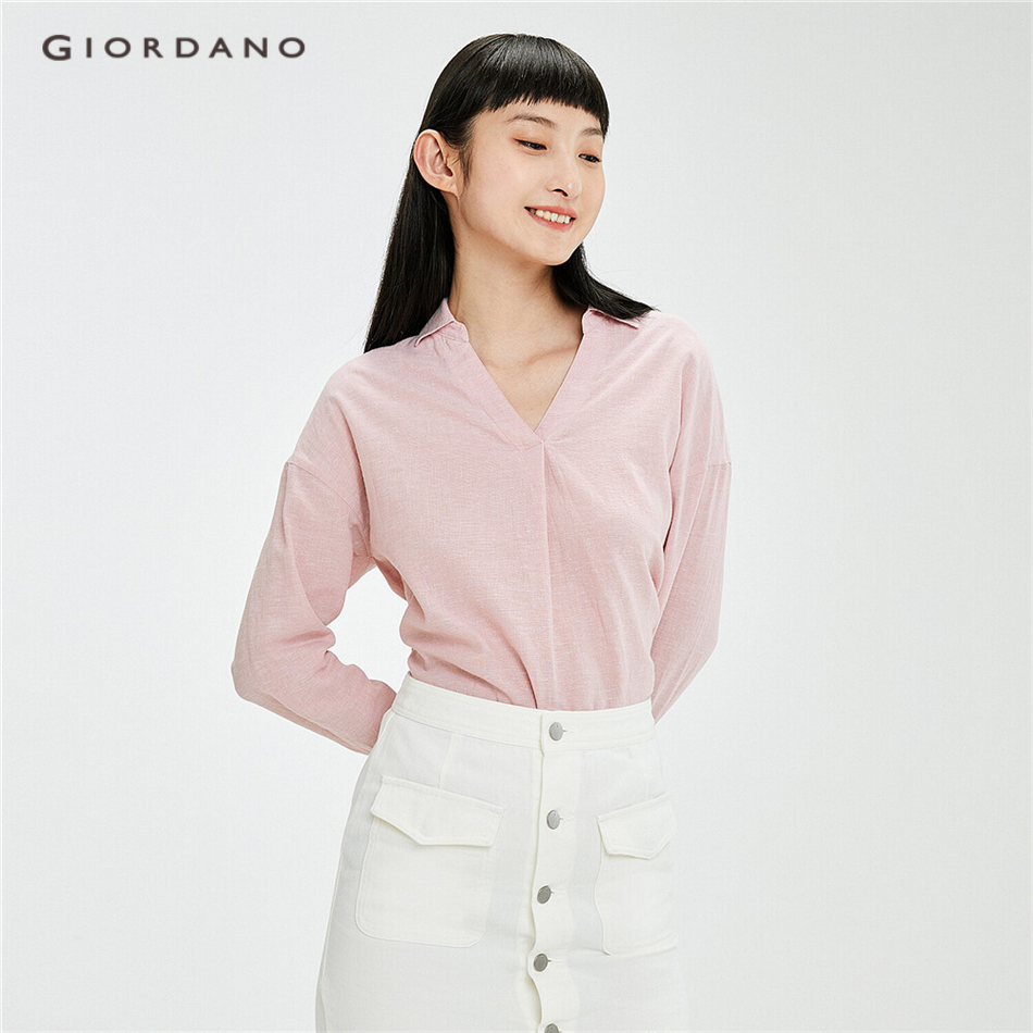 Áo sơ mi GIORDANO 05341483 cổ bẻ chữ V chất liệu lanh-cotton thời trang cho nữ