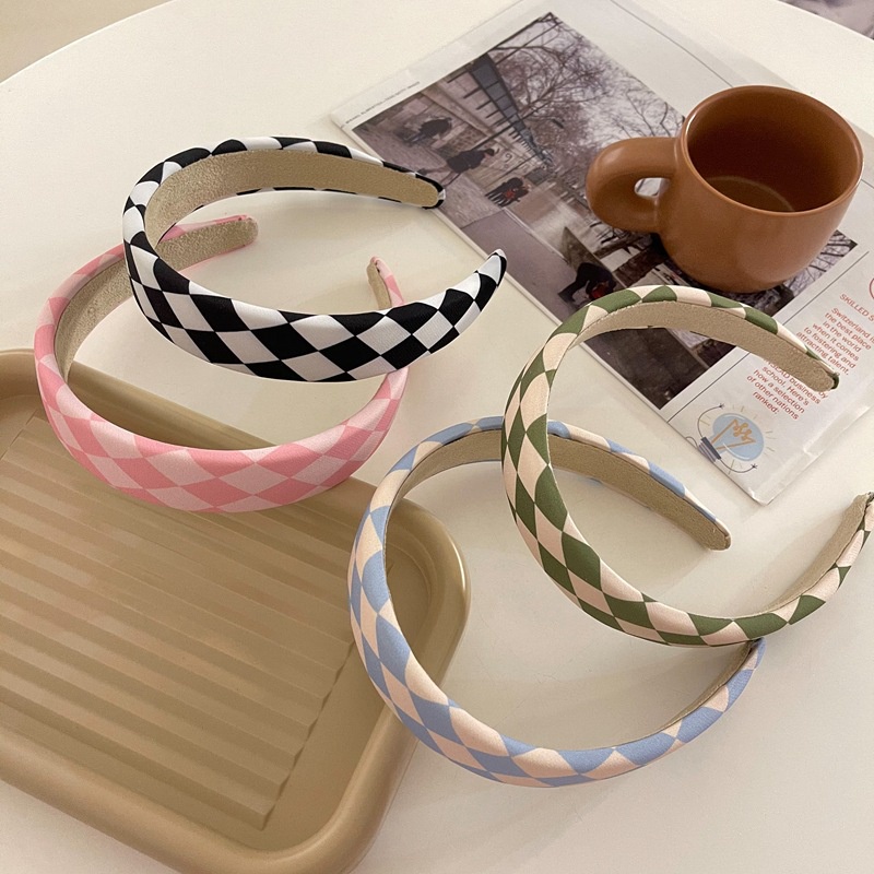 Dây cột tóc và băng đô bản rộng bằng vải in họa tiết bàn cờ thời trang Nhật và Nam Hàn