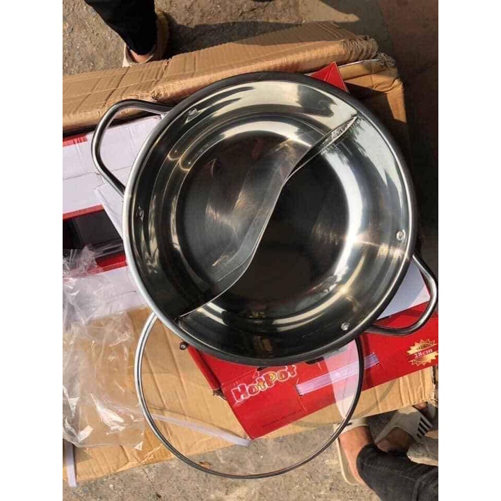 Nồi lẩu 2 ngăn 32cm có nắp kính, nồi lẩu inox 2 ngăn vung kính size 32cm nấu được bếp từ, bếp gas Bảo hành 12 tháng