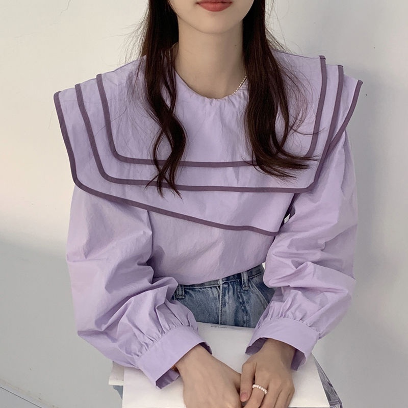 Áo Sơ Mi Tay Phồng Ba Lớp Màu Sắc Tương Phản Phong Cách Hàn Quốc Thời Trang Cho Nữ
