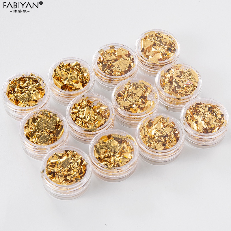 Set 3/12 lọ giấy bạc mỏng FABIYAN lấp lánh 3D kiểu dáng không đồng đều trang trí móng tay nghệ thuật DIY