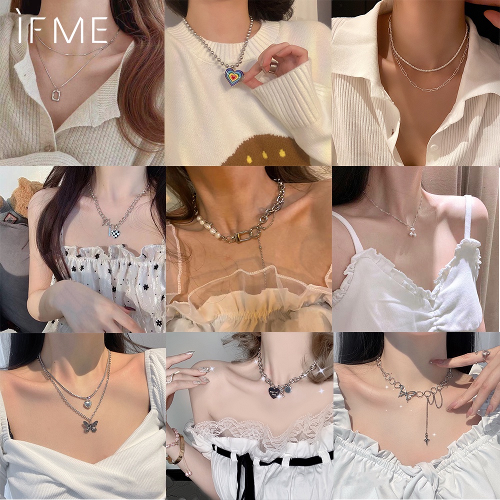 IF ME Vòng cổ choker bằng bạc hình bướm đính hạt ngọc trai nhân tạo thời trang