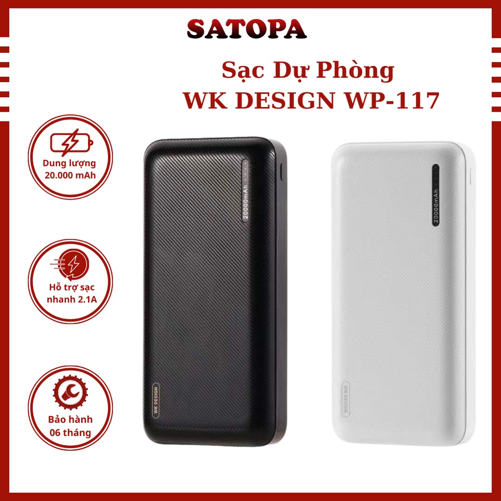 Sạc dự phòng 20000 mah WK DESIGN WP-117 Cục pin xạc dự phòng mini sạc nhanh 2 cổng USB 2.1A dùng cho điện thoại - SATOPA