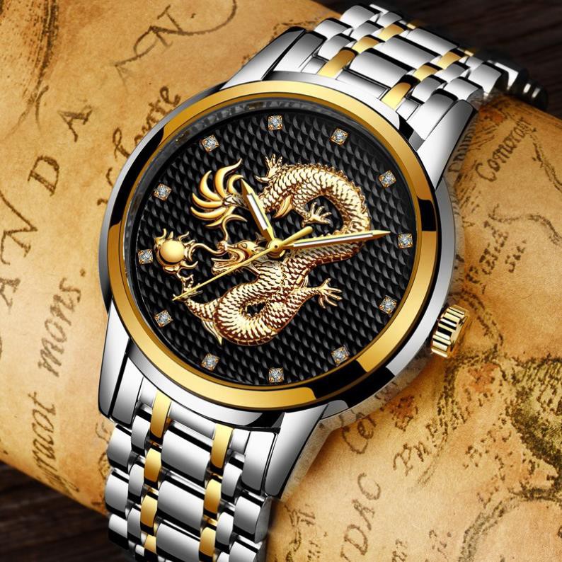 ĐỒNG HỒ NAM RỒNG VÀNG KÍNH TRÁNG SAPPHIRE - ĐỒNG HỒ PHONG THỦY - DÂY THÉP ĐÚC ĐẶT CAO CẤP [HÀNG XỊN] | BigBuy360 - bigbuy360.vn