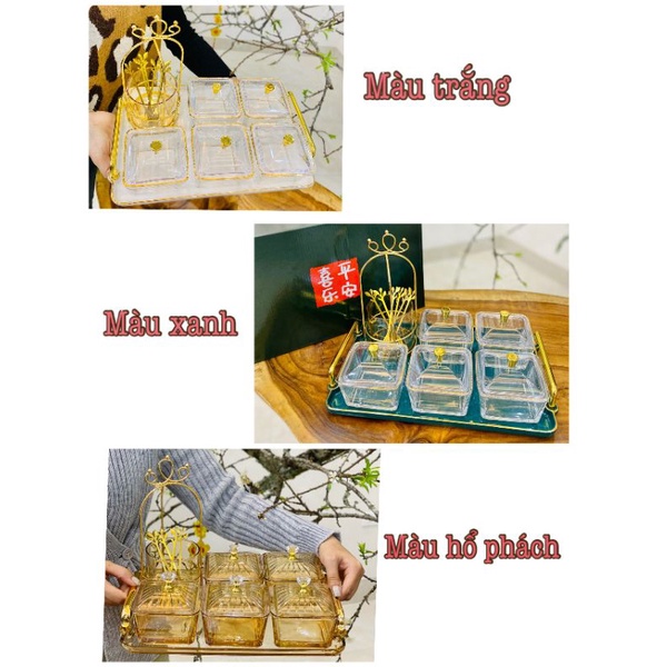 Khay sứ 6 ngăn kèm ống thìa khung mạ vàng đựng bánh mứt, kẹo ngày Tết cao cấp CỰC xịn xò Nhiều Mẫu