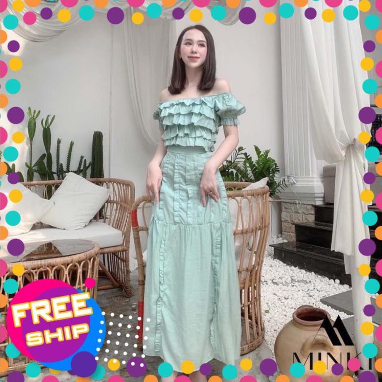 [SALE_SỐC_45%] [HÀNG THIẾT KẾ] SET ÁO BÈO NHÚN + CHÂN VÁY DÀI - CHẤT LANH LỤA NHẬP KHẨU - MÀU XANH/ TRẮNG [SIÊU PHẨM] | BigBuy360 - bigbuy360.vn