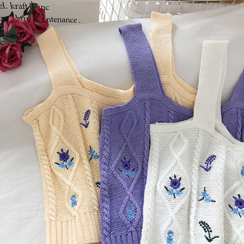Áo croptop dệt kim không tay thêu hoa màu sắc ngọt ngào phong cách Hàn Quốc cho nữ