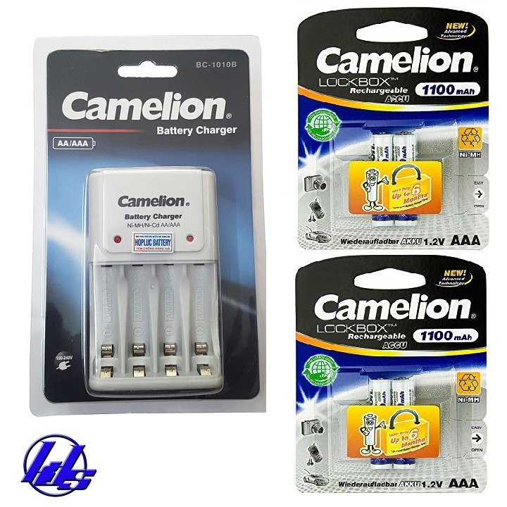 Combo bộ sạc pin AA, AAA Camelion BC-1010B kèm 4 pin sạc AAA 1100mAh Lockbox