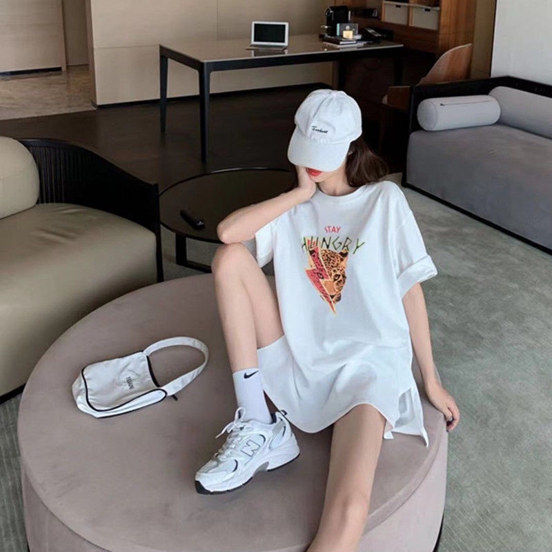 Cotton short-sleeved women's 2021 summer new Korean version of the split printed loose half-sleeved mid-length t-shirt top ins tide