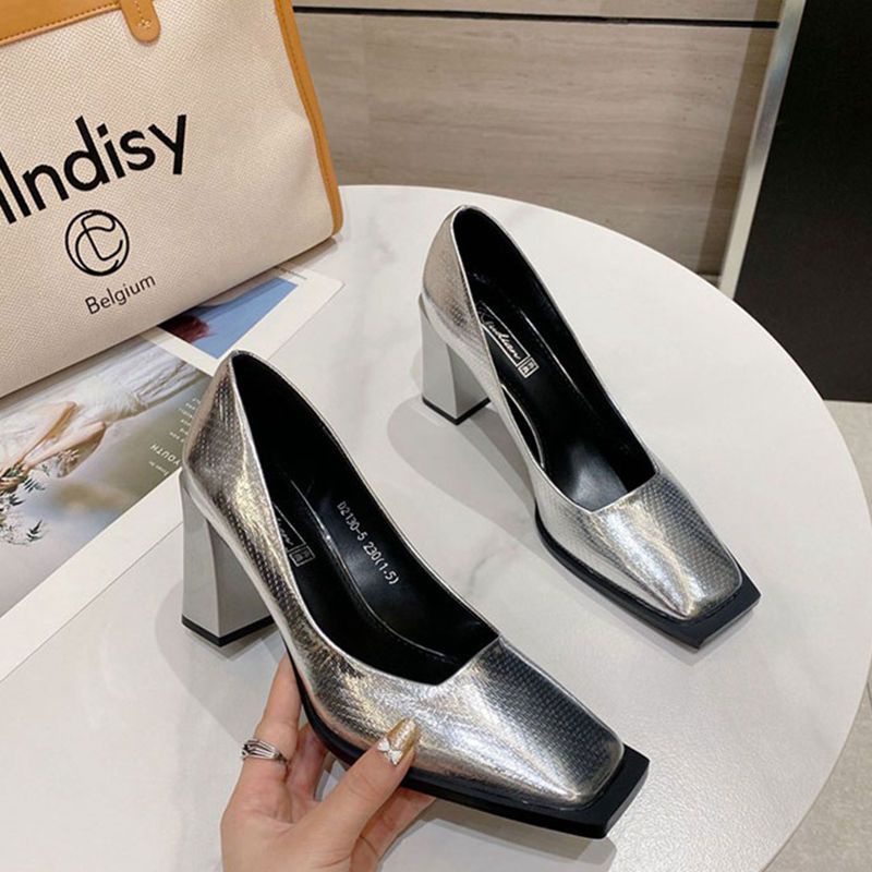 Giày Cao Gót Mũi Vuông Màu Bạc Thiết Kế Mới Thời Trang Dành Cho Mùa Thu 2022