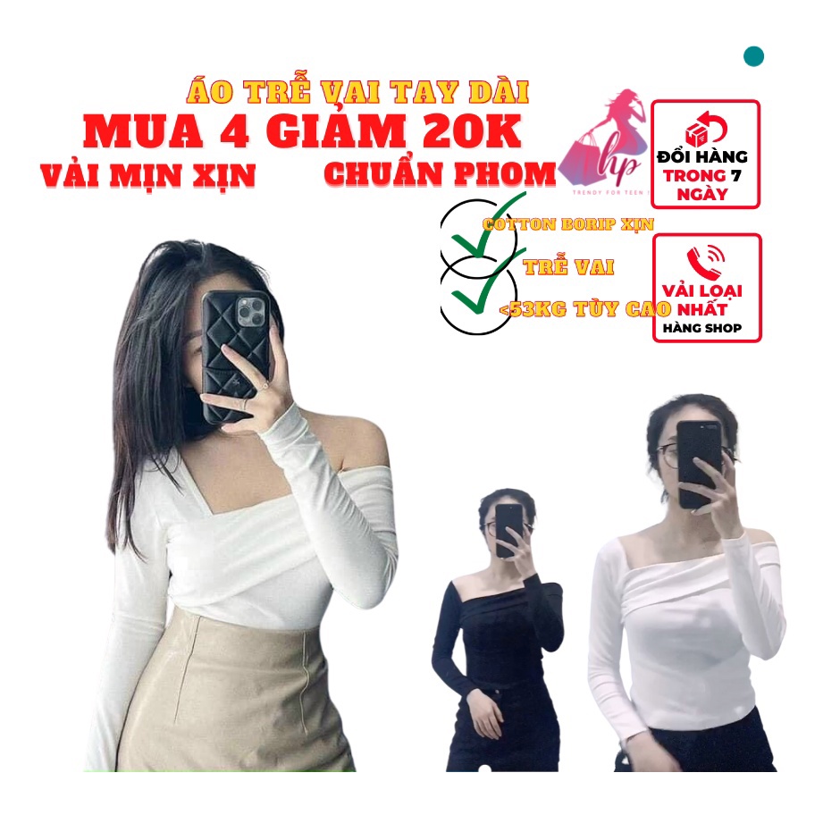 Áo thun nữ tay dài kiểu trễ vai ôm body vải thun cotton borip mịn xịn trơn cực xịn