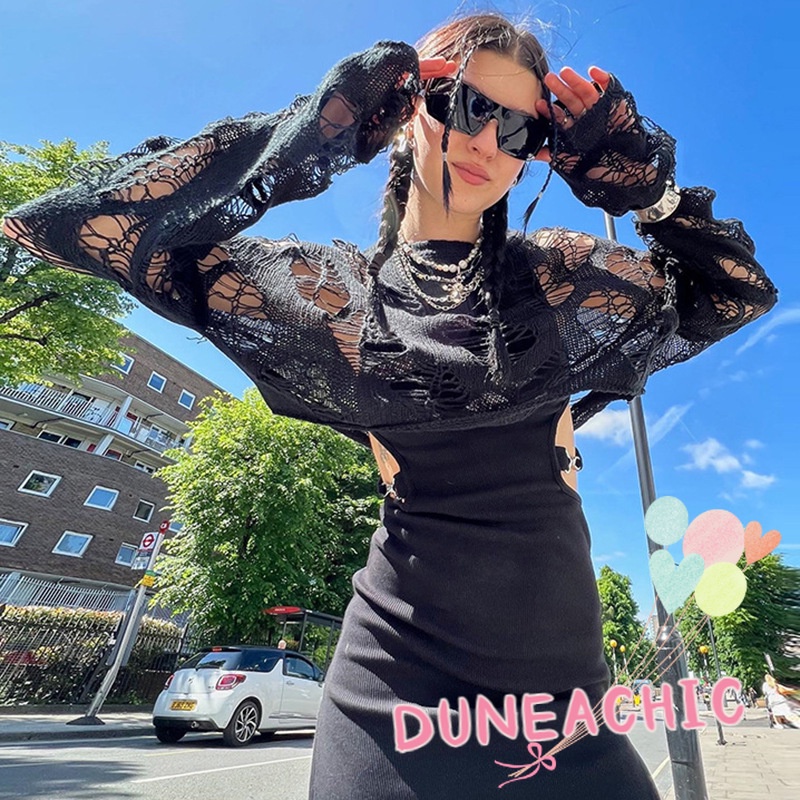 Áo Croptop Dệt Kim Tay Dài Thiết Kế Rách Cá Tính Hợp Thời Trang