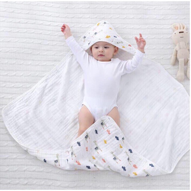 Khăn ủ xô vuông Organic cao cấp có mũ, khăn ủ xô cotton sợi tre cực đẹp mềm mịn mát KT: 90x90cm