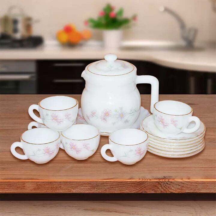 Bộ trà nhỏ thủy tinh ngọc cao cấp USA Home Set(gồm 6 tách+6 đĩa), nhập khẩu Thái Lan, quà tặng ý nghĩa_KokiaHome