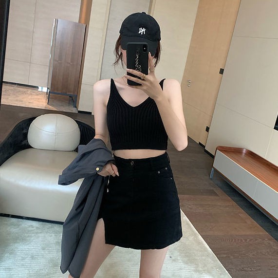 Cổ chữ V đơn giản crop top nữ vest ngắn mùa hè gợi cảm cạp cao ôm vừa vặn trong phiên bản áo lửng Hàn Quốc