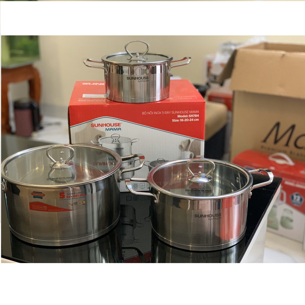 Bộ nồi inox cao cấp 5 đáy SUNHOUSE MAMA SH784 Dùng được bếp từ