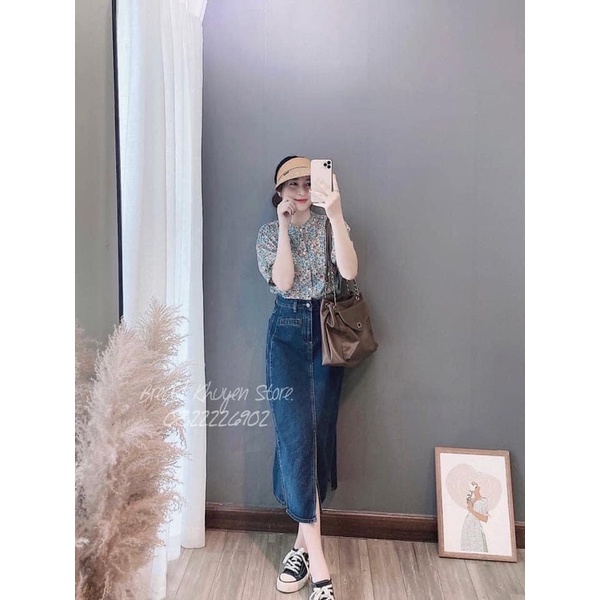 Chân váy bò 1 túi trước  xanh đậm xẻ vạt #921