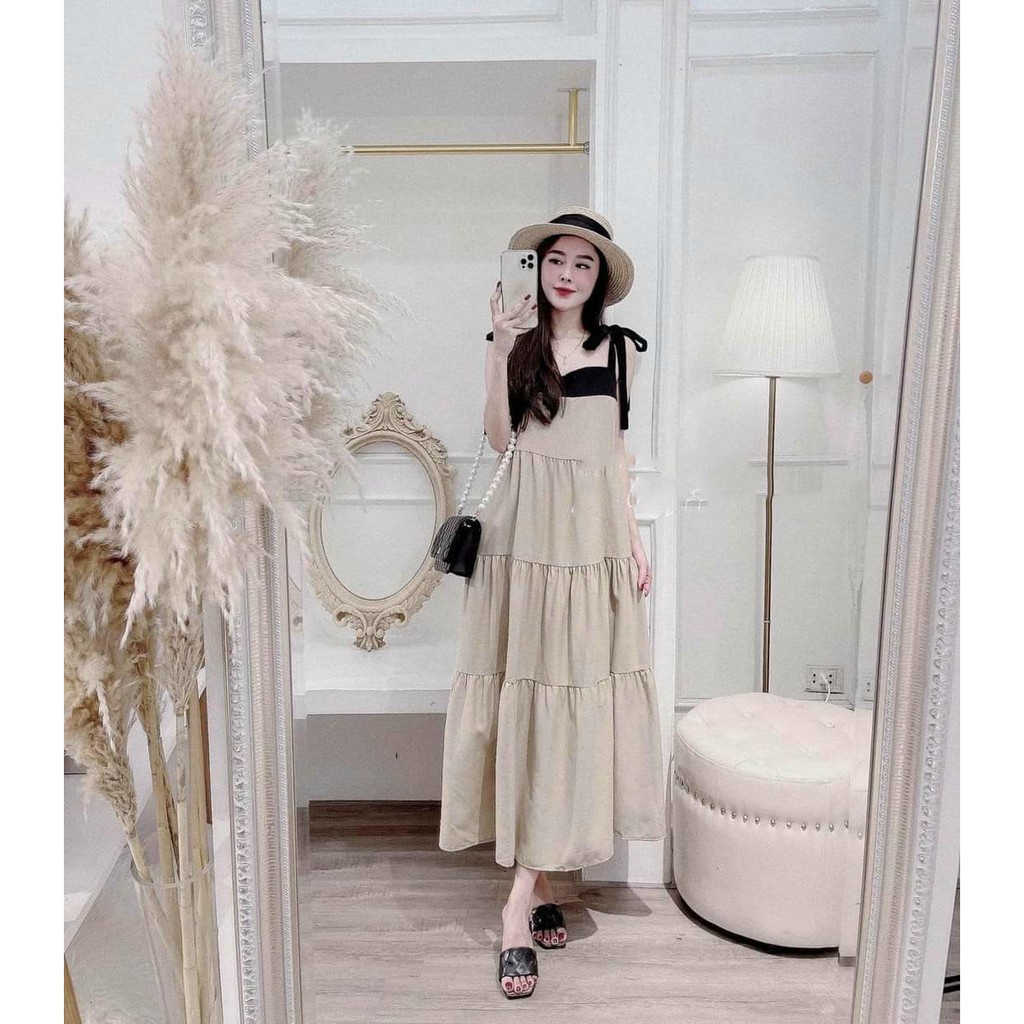 Váy bầu hai dây thời trang thiết kế M325 chất cát hàn freesize từ 45 đến 70kg