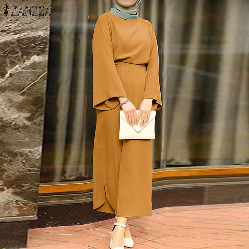 Zanzea Bộ Áo Tay Dài Ống Loe Kèm Quần Dài Lưng Thun Màu Trơn Dành Cho Phụ Nữ Hồi Giáo